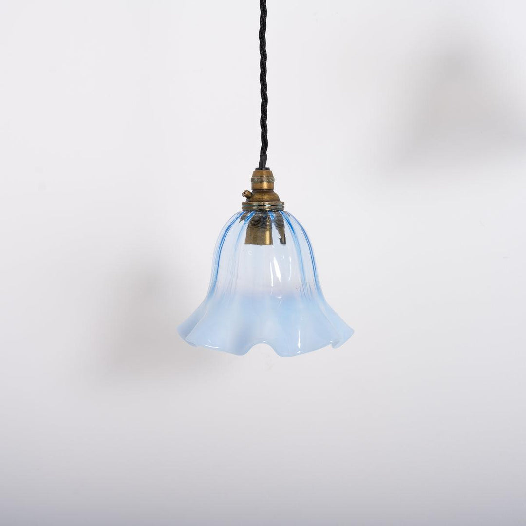 Set of Three Small Blue Hand Blown Frilled Edge Vaseline Glass Shades Pendant Lights