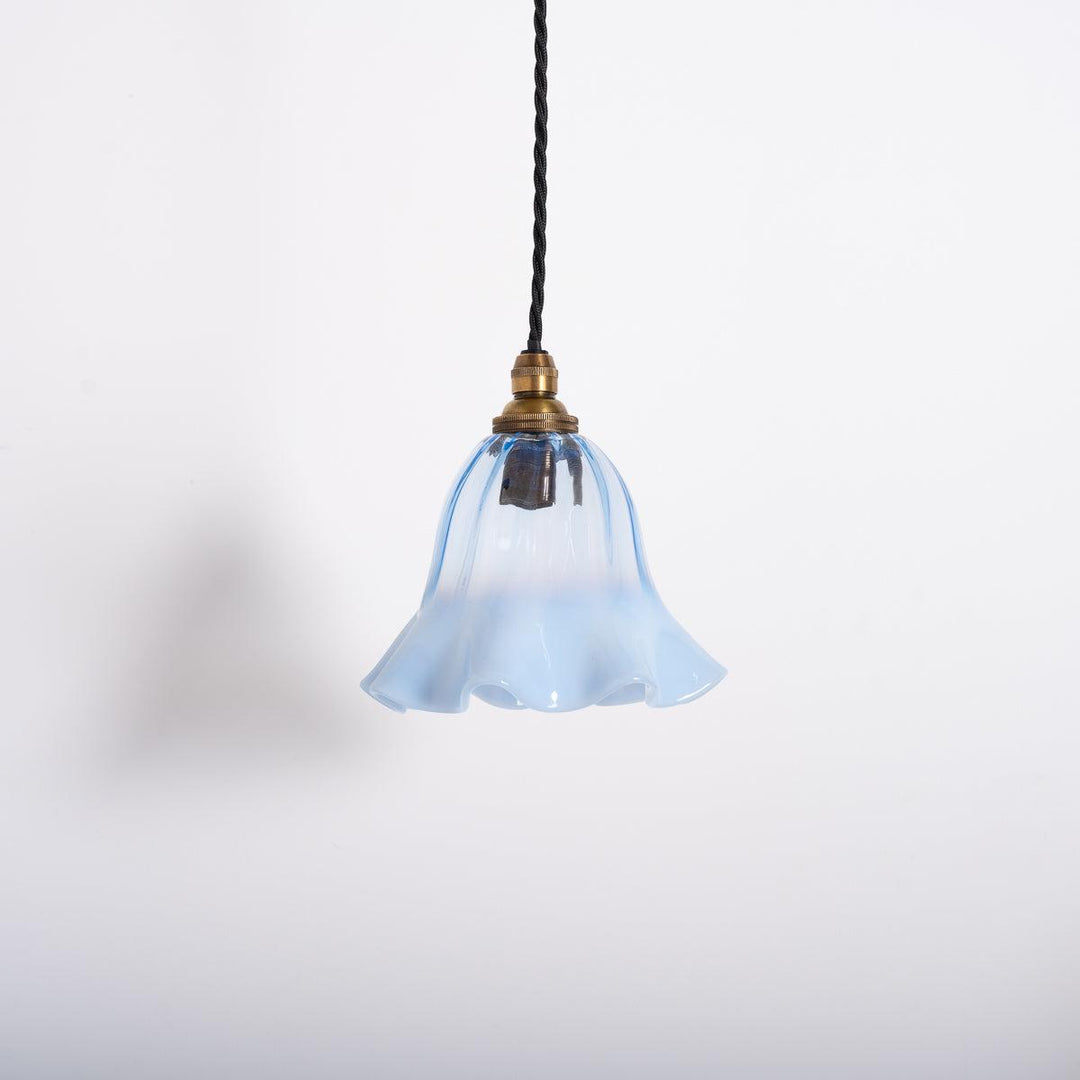 Set of Three Small Blue Hand Blown Frilled Edge Vaseline Glass Shades Pendant Lights