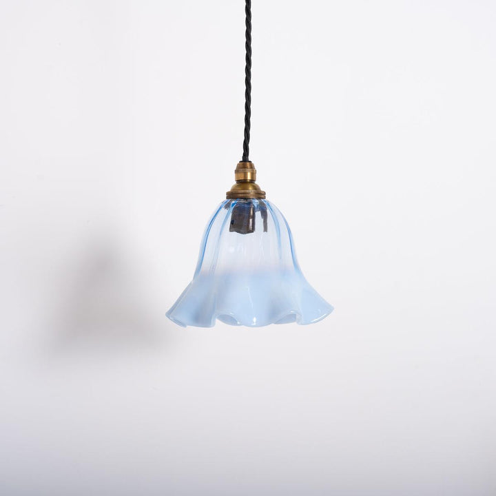 Set of Three Small Blue Hand Blown Frilled Edge Vaseline Glass Shades Pendant Lights