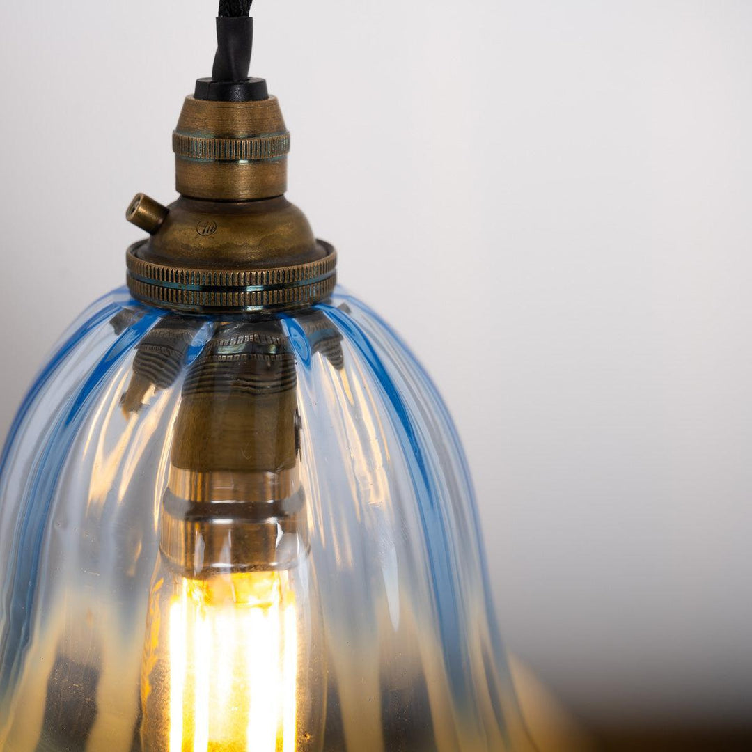 Set of Three Small Blue Hand Blown Frilled Edge Vaseline Glass Shades Pendant Lights