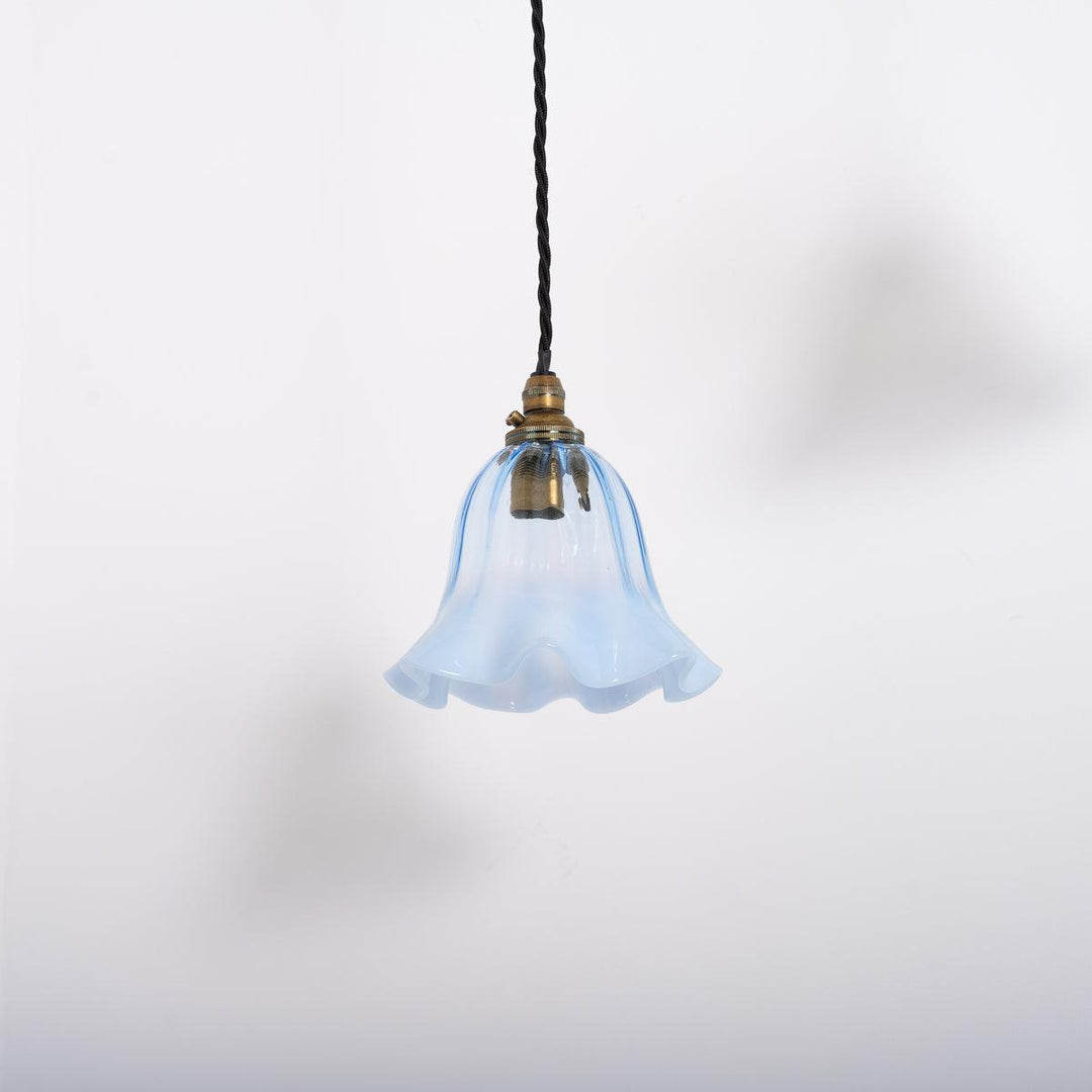 Set of Three Small Blue Hand Blown Frilled Edge Vaseline Glass Shades Pendant Lights