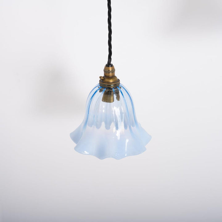 Set of Three Small Blue Hand Blown Frilled Edge Vaseline Glass Shades Pendant Lights