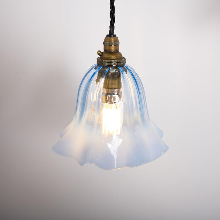 Set of Three Small Blue Hand Blown Frilled Edge Vaseline Glass Shades Pendant Lights