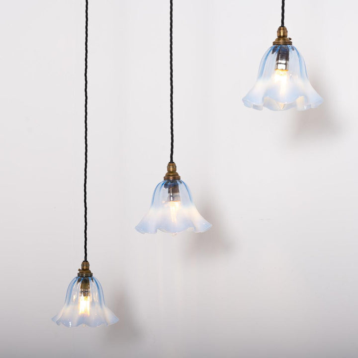 Set of Three Small Blue Hand Blown Frilled Edge Vaseline Glass Shades Pendant Lights