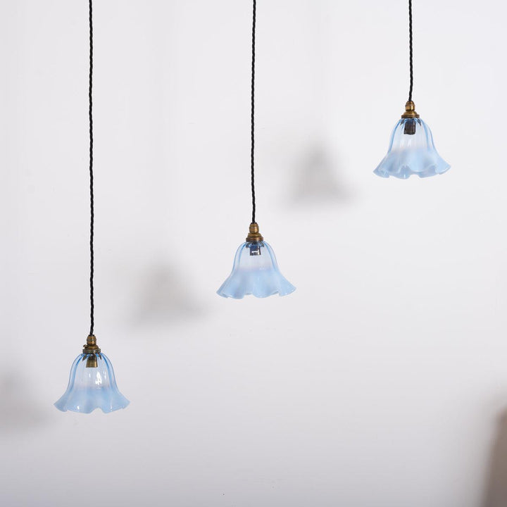 Set of Three Small Blue Hand Blown Frilled Edge Vaseline Glass Shades Pendant Lights