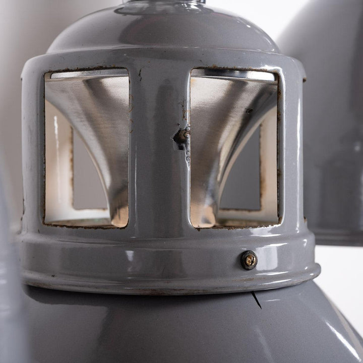 Set of Three XL Reclaimed Grey Enamel Industrial Pendant Lights by Benjamin Electric