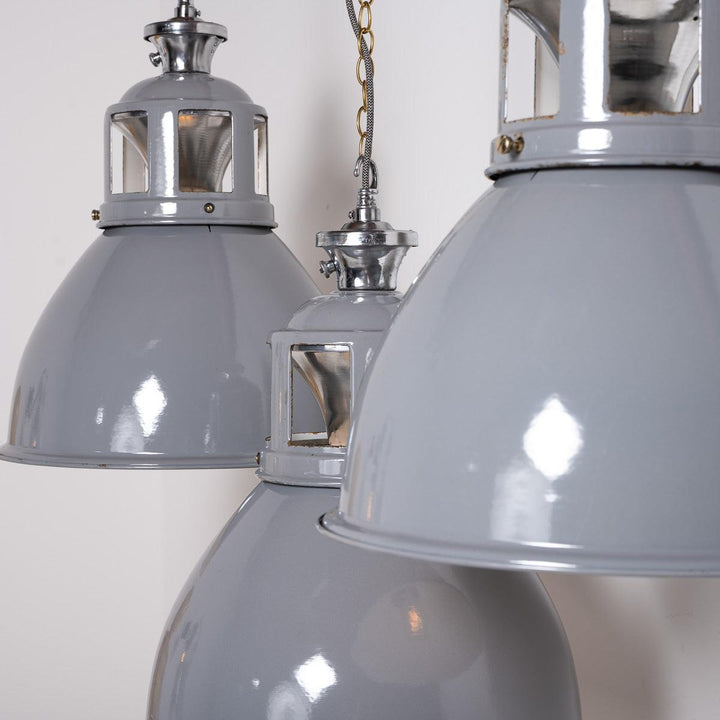 Set of Three XL Reclaimed Grey Enamel Industrial Pendant Lights by Benjamin Electric