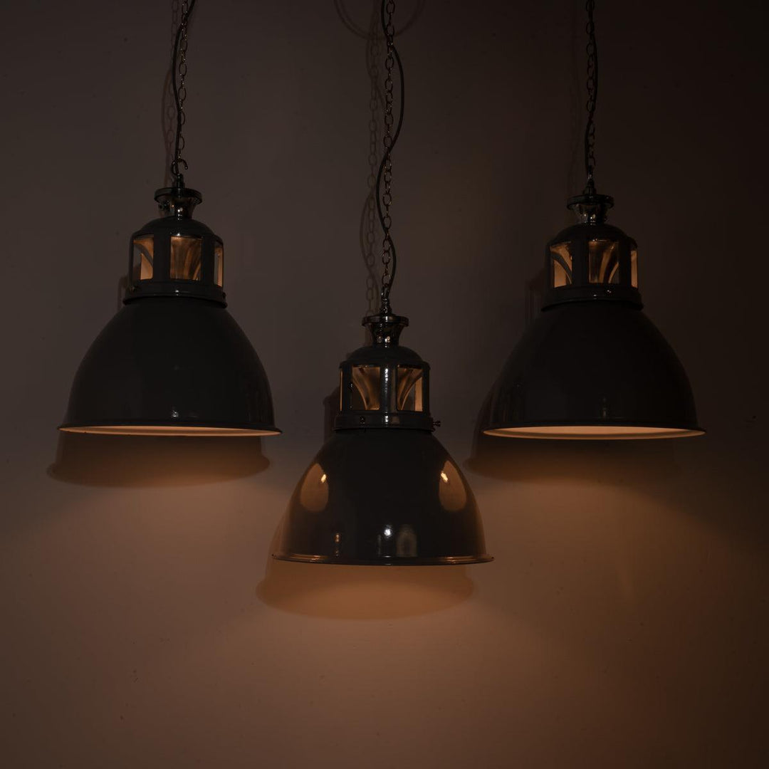 Set of Three XL Reclaimed Grey Enamel Industrial Pendant Lights by Benjamin Electric