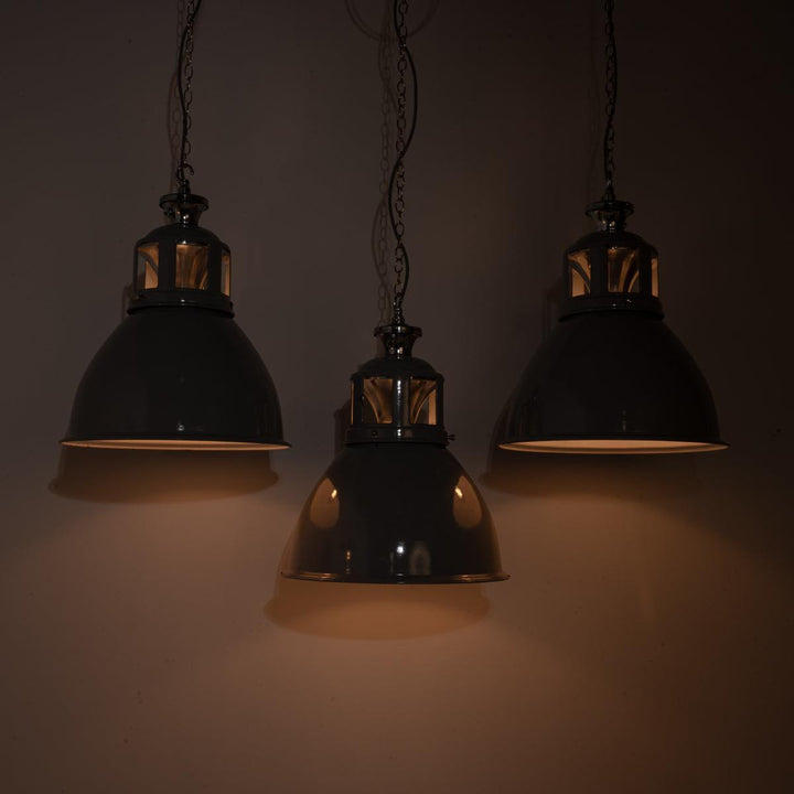 Set of Three XL Reclaimed Grey Enamel Industrial Pendant Lights by Benjamin Electric