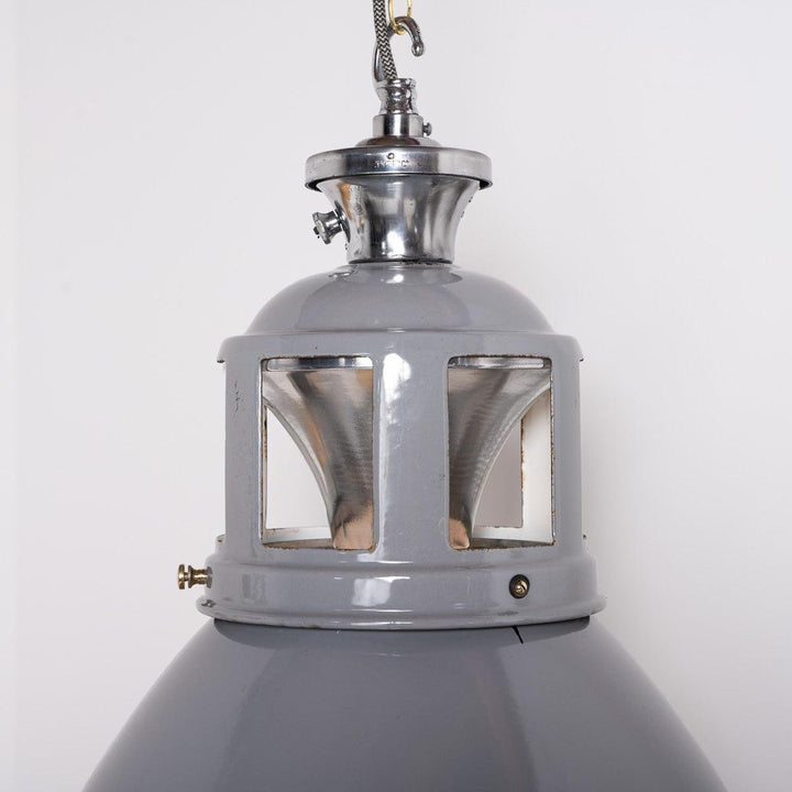 Set of Three XL Reclaimed Grey Enamel Industrial Pendant Lights by Benjamin Electric