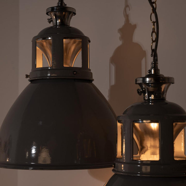 Set of Three XL Reclaimed Grey Enamel Industrial Pendant Lights by Benjamin Electric