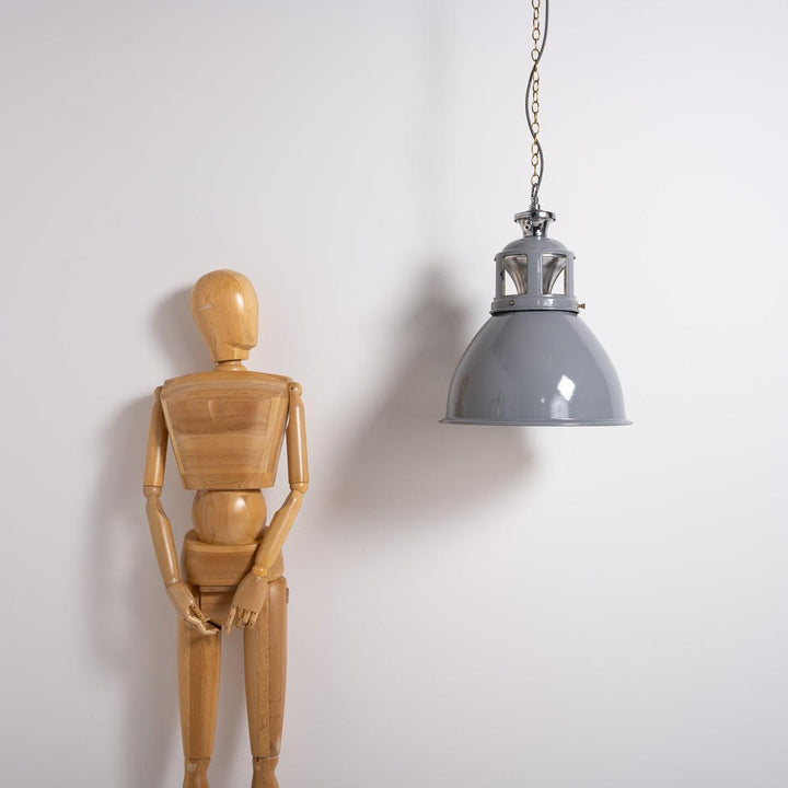 Set of Three XL Reclaimed Grey Enamel Industrial Pendant Lights by Benjamin Electric
