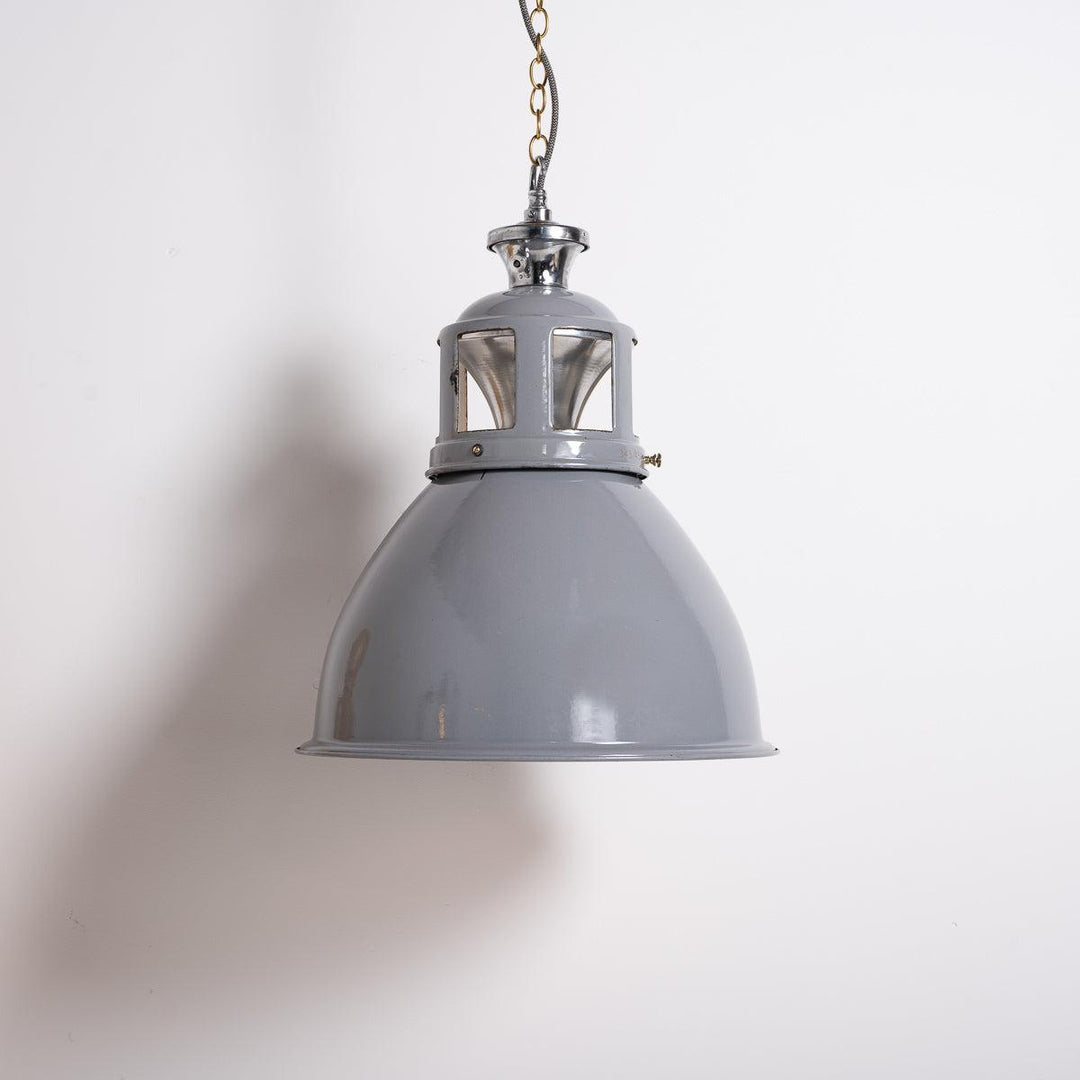 Set of Three XL Reclaimed Grey Enamel Industrial Pendant Lights by Benjamin Electric