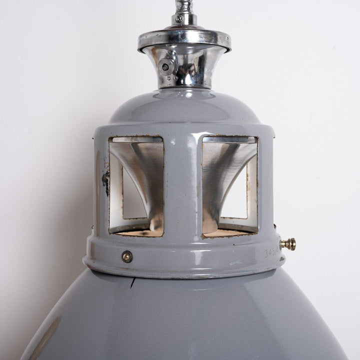 Set of Three XL Reclaimed Grey Enamel Industrial Pendant Lights by Benjamin Electric