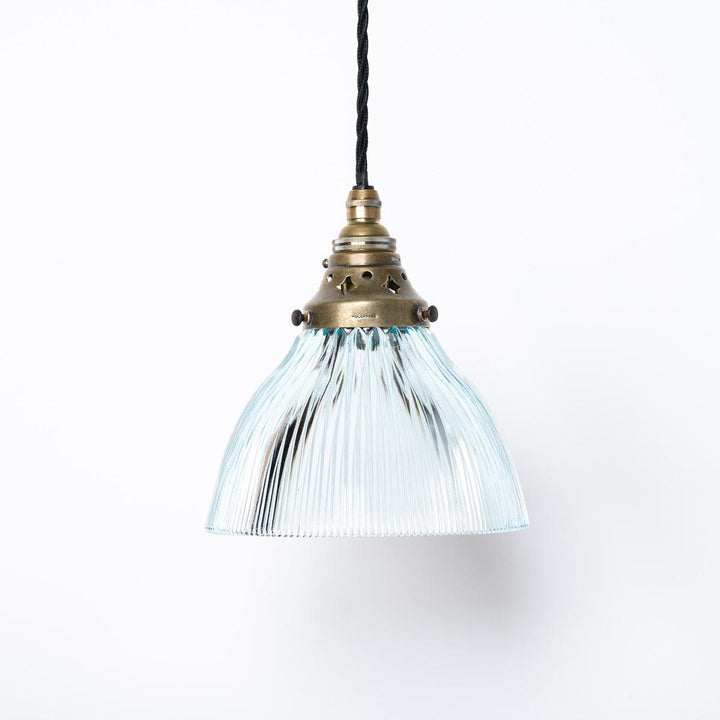 Small Antique Holophane Blue Prismatic Glass Pendant Light