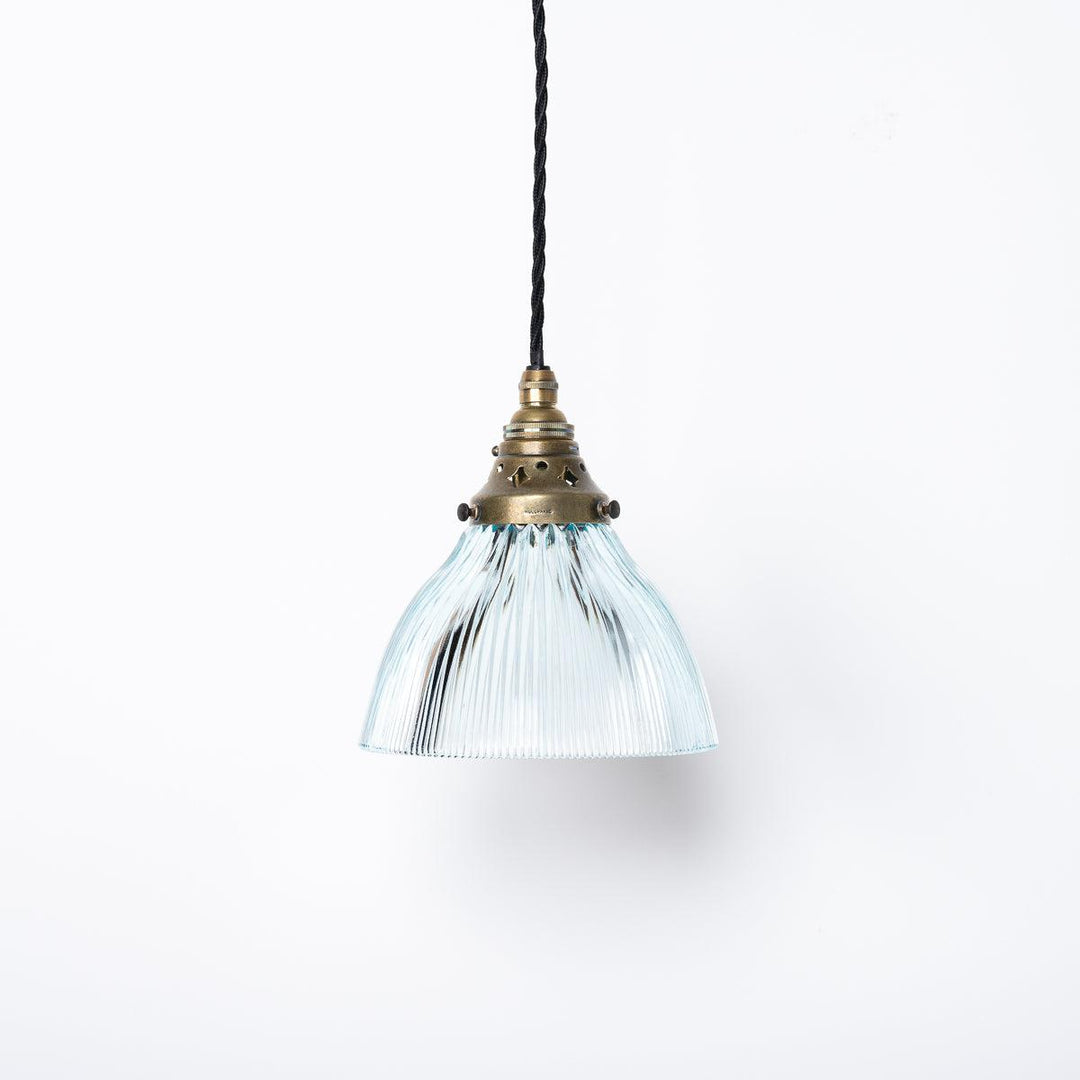 Small Antique Holophane Blue Prismatic Glass Pendant Light