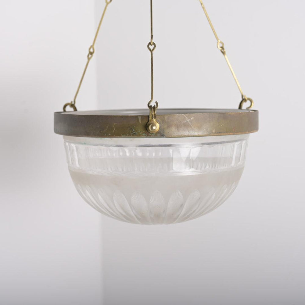 Small Antique Satin & Cut Crystal Plafonnier with Aged Brass Fittings