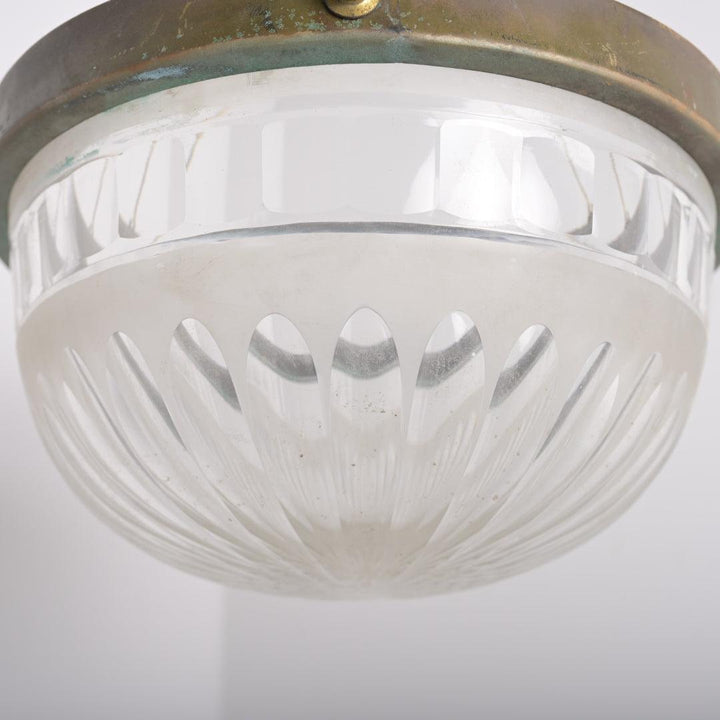 Small Antique Satin & Cut Crystal Plafonnier with Aged Brass Fittings