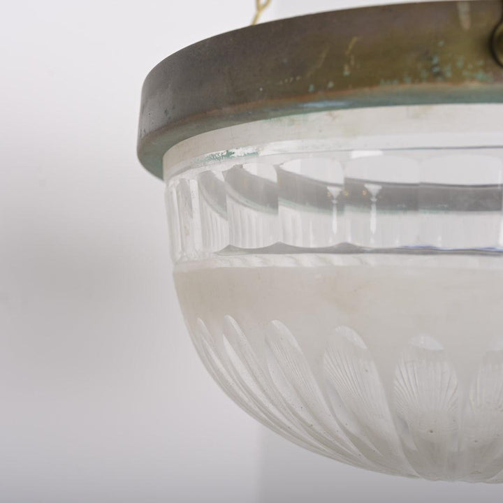 Small Antique Satin & Cut Crystal Plafonnier with Aged Brass Fittings