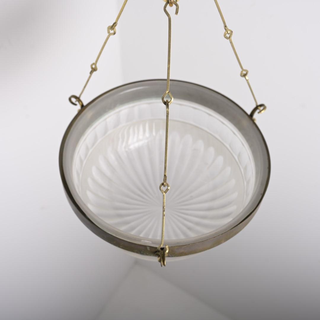 Small Antique Satin & Cut Crystal Plafonnier with Aged Brass Fittings