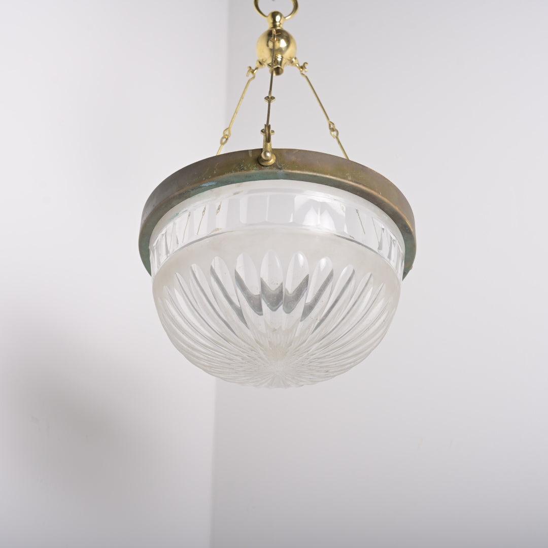 Small Antique Satin & Cut Crystal Plafonnier with Aged Brass Fittings