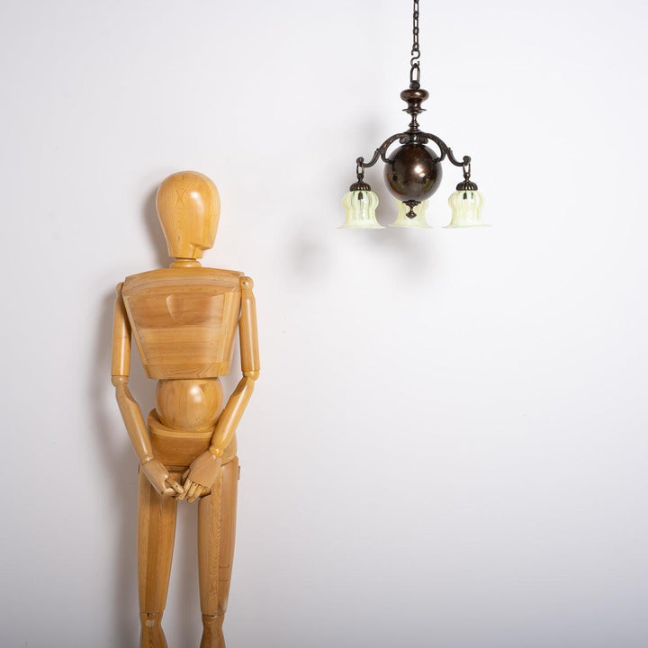 Small Decorative Three Arm Aged Brass Pendant Light by G.E.C