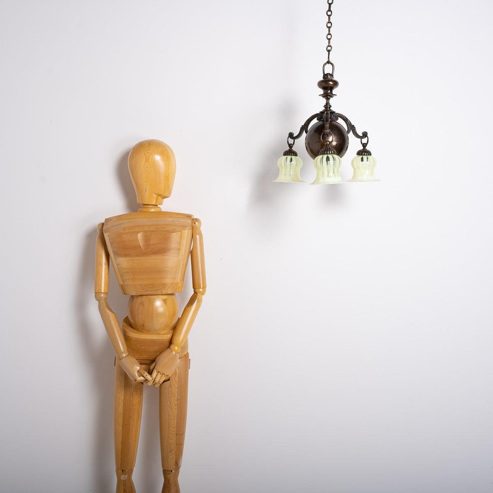 Small Decorative Three Arm Aged Brass Pendant Light by G.E.C