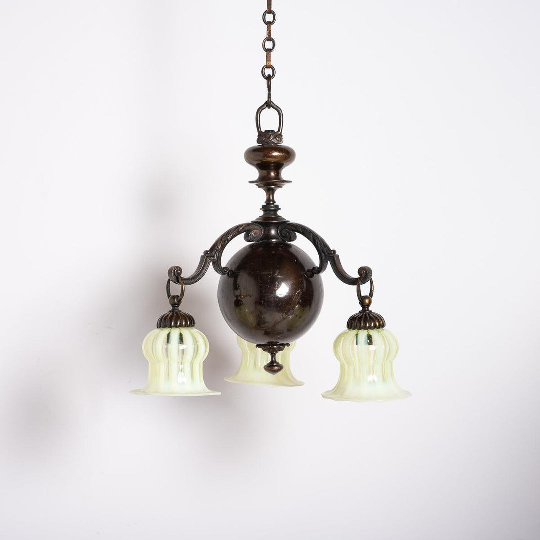 Small Decorative Three Arm Aged Brass Pendant Light by G.E.C