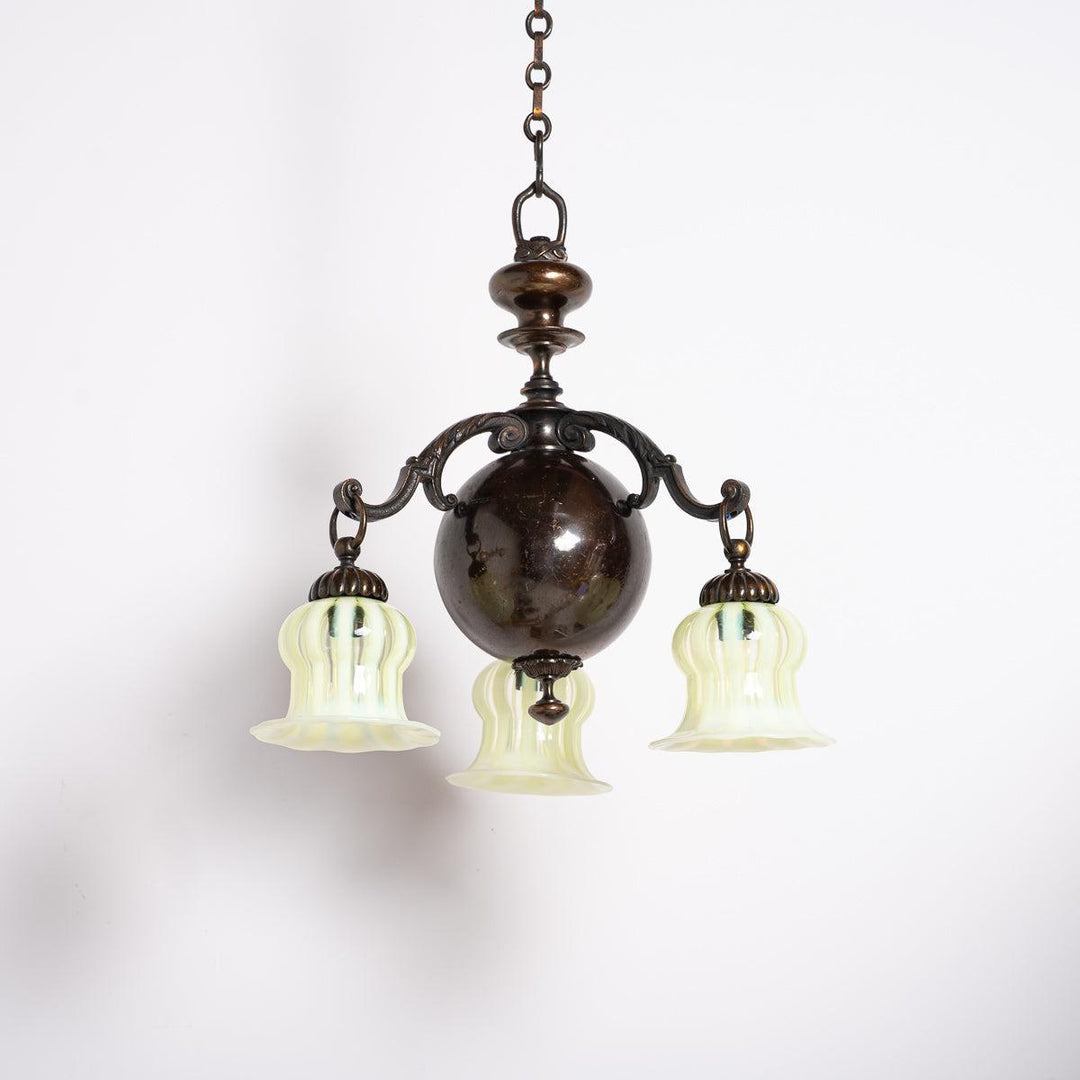Small Decorative Three Arm Aged Brass Pendant Light by G.E.C