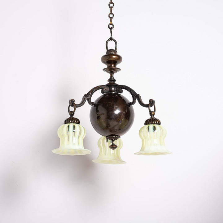 Small Decorative Three Arm Aged Brass Pendant Light by G.E.C
