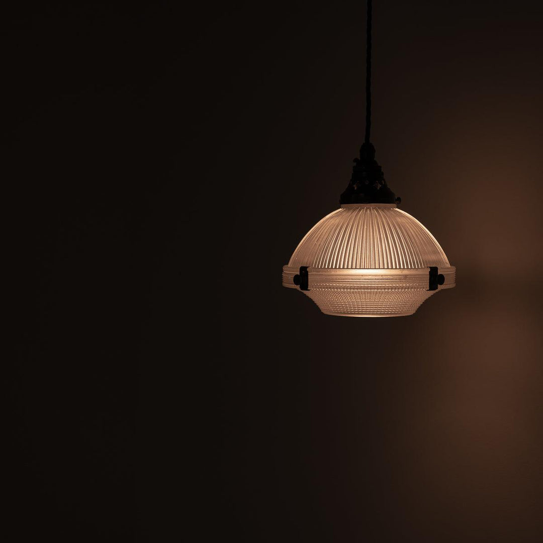 Small Reclaimed Holophane Two Part Prismatic Glass Pendant Light