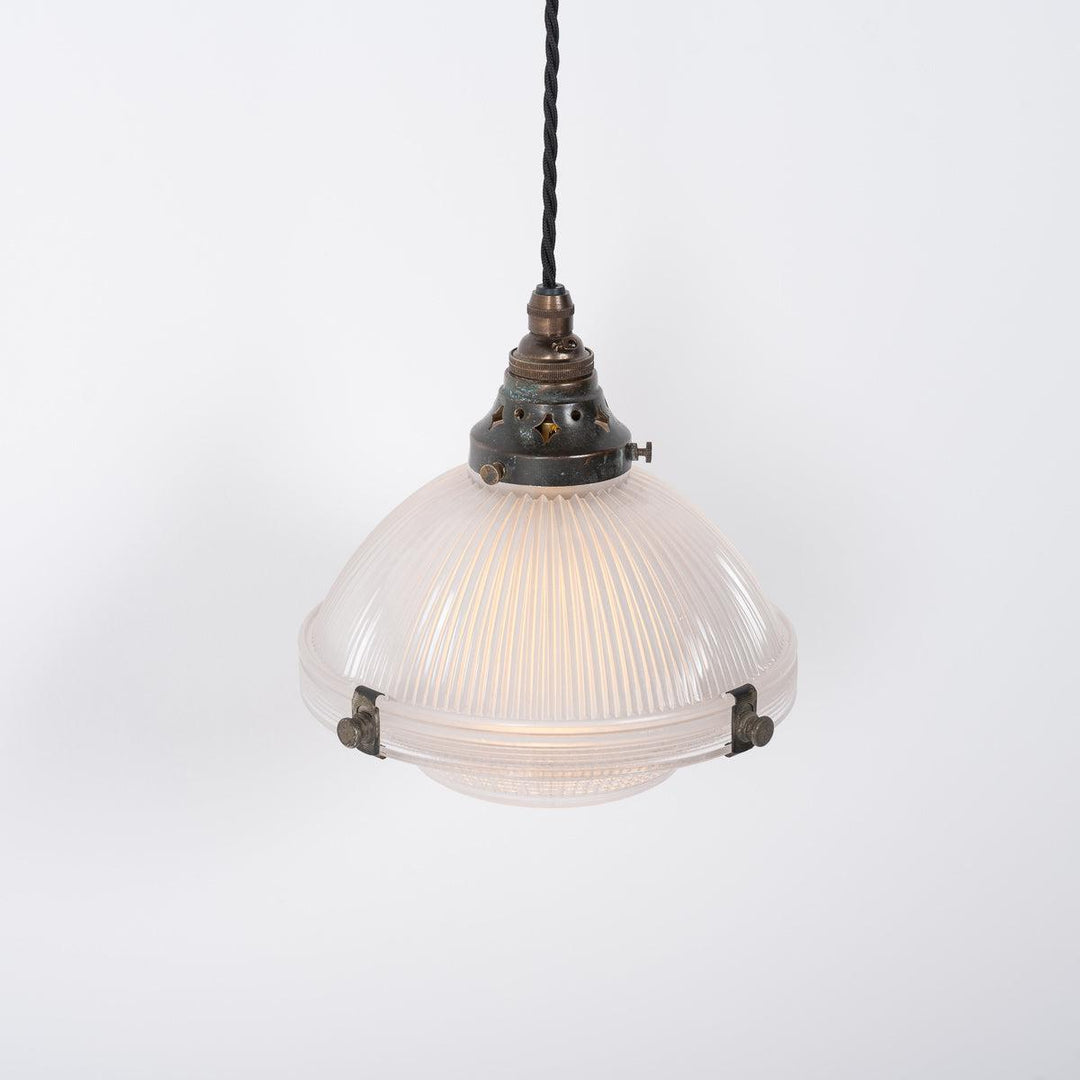 Small Reclaimed Holophane Two Part Prismatic Glass Pendant Light