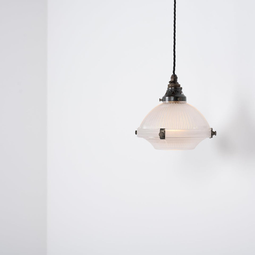 Small Reclaimed Holophane Two Part Prismatic Glass Pendant Light