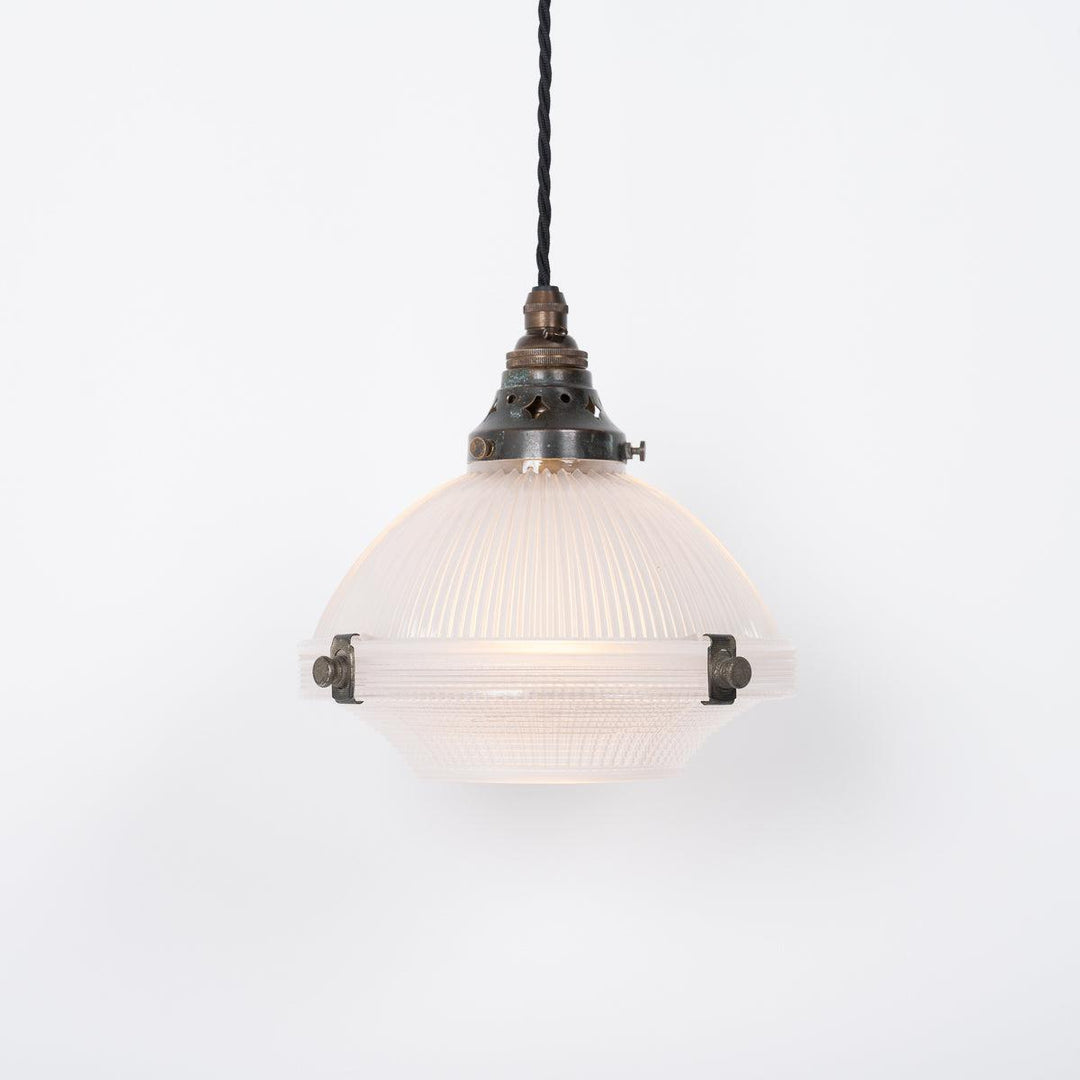 Small Reclaimed Holophane Two Part Prismatic Glass Pendant Light