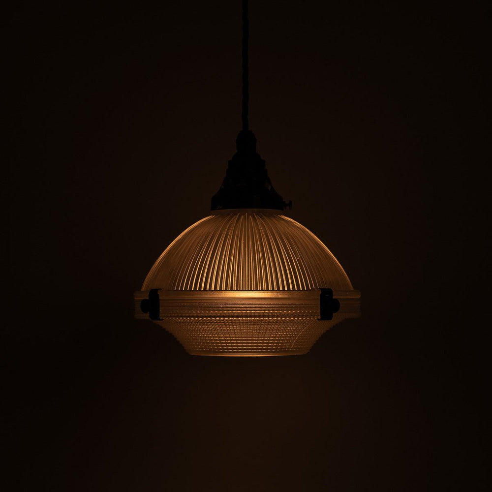 Small Reclaimed Holophane Two Part Prismatic Glass Pendant Lights