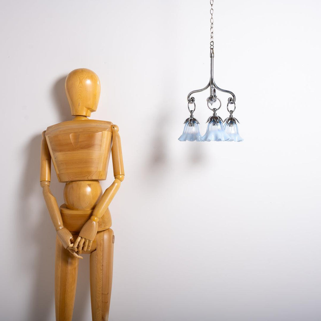 Small Three Arm Chromed Brass Arts & Crafts Pendant Light by GEC
