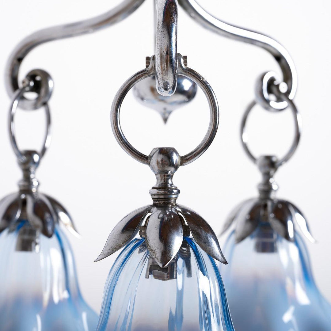 Small Three Arm Chromed Brass Arts & Crafts Pendant Light by GEC