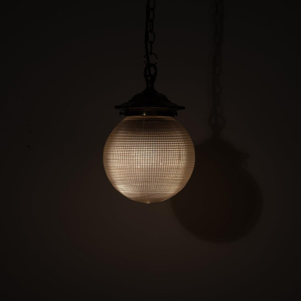 Small Vintage Holophane Globe Pendant Light with Aged Brass Fittings