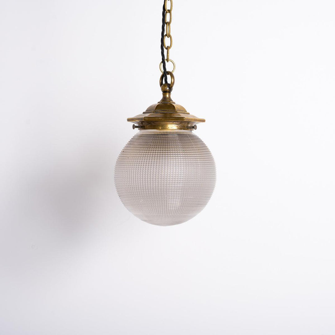Small Vintage Holophane Globe Pendant Light with Aged Brass Fittings