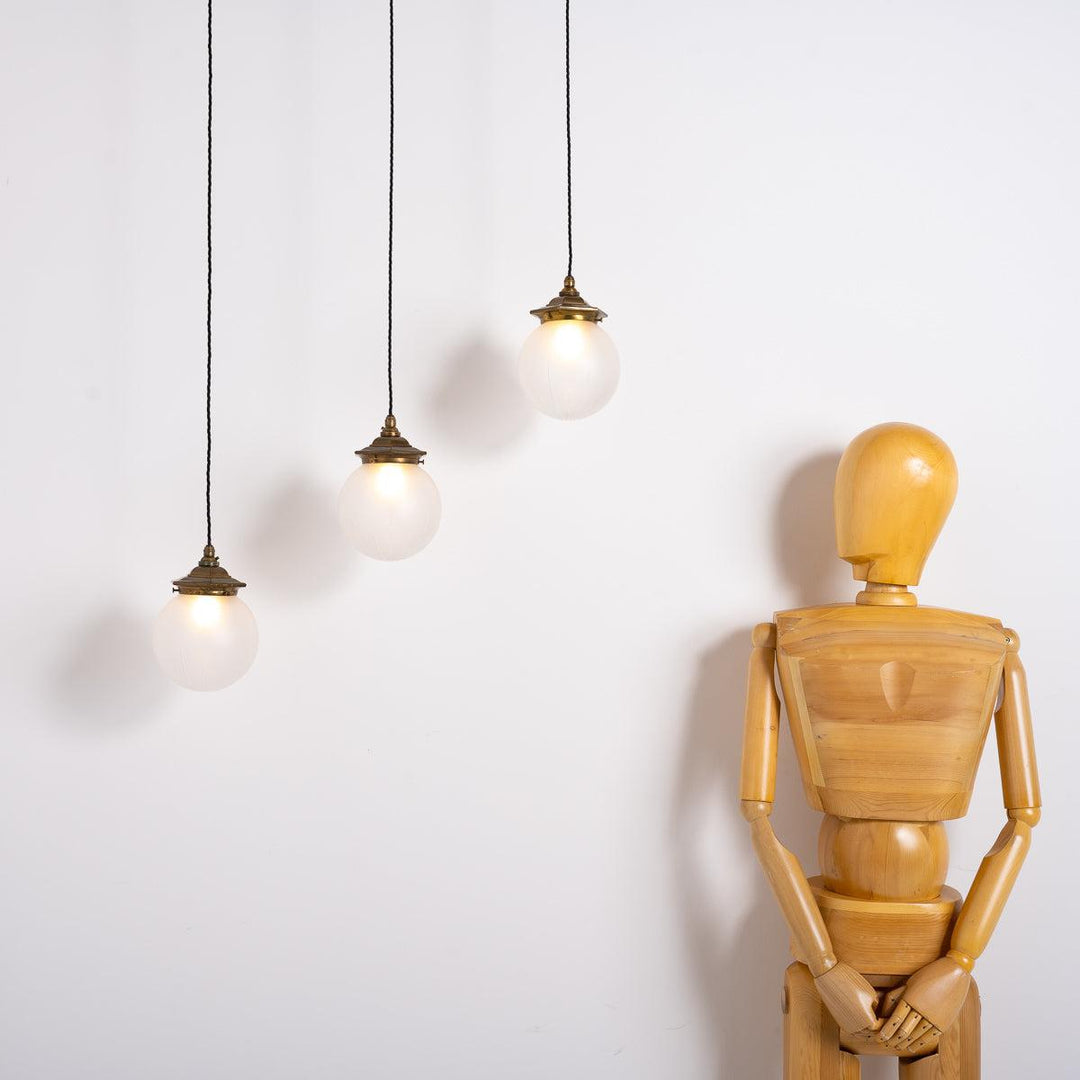 Trio of Satin Crystal Cut Glass Globe Shades with Aged Brass Hexagonal Galleries