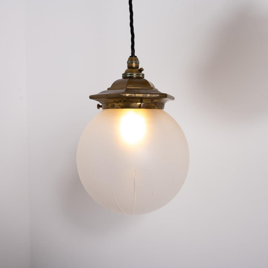 Trio of Satin Crystal Cut Glass Globe Shades with Aged Brass Hexagonal Galleries