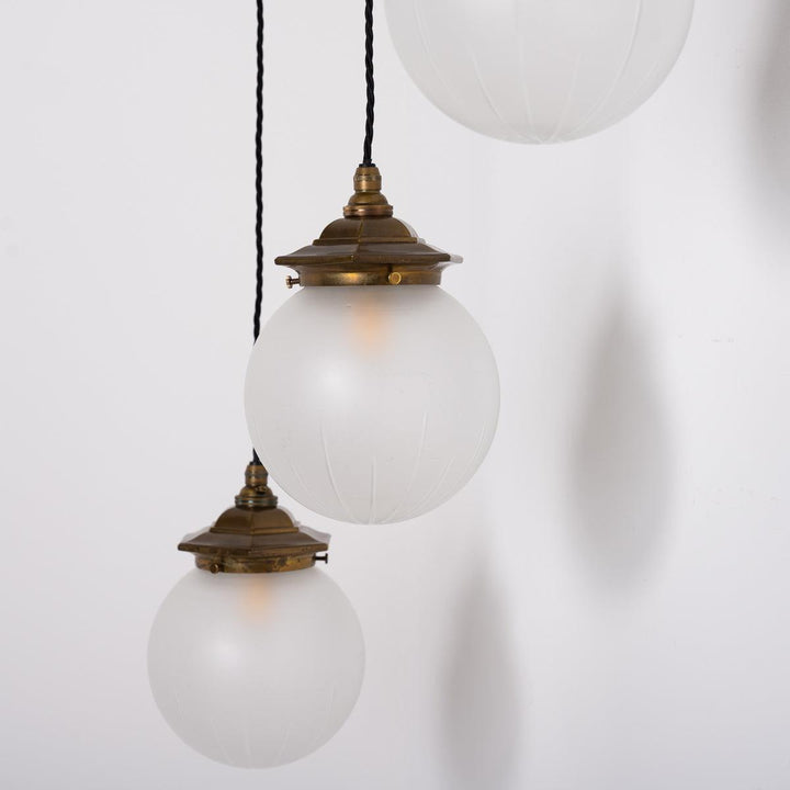 Trio of Satin Crystal Cut Glass Globe Shades with Aged Brass Hexagonal Galleries