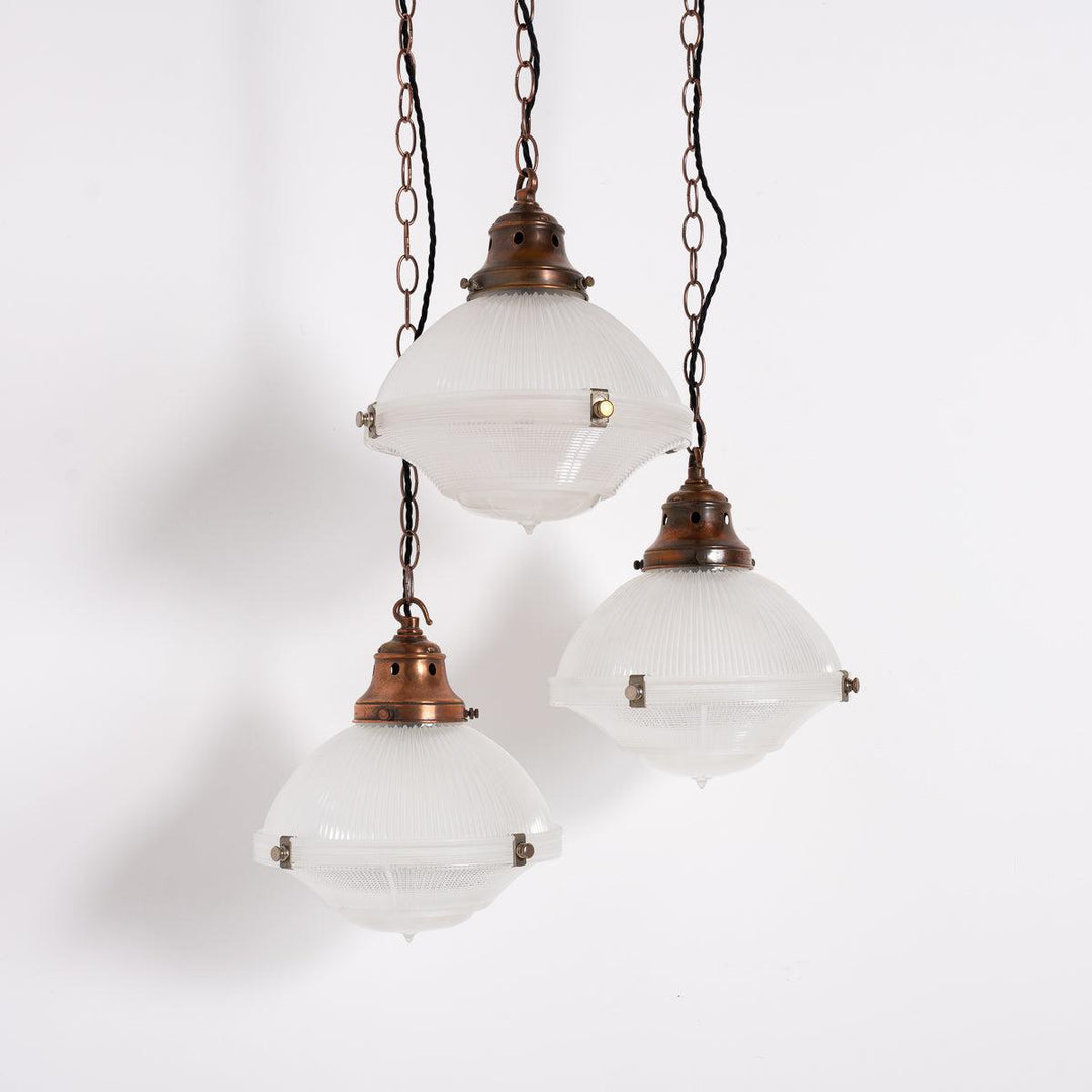 Trio of Vintage Holophane Three Part Pendant Lights with Coppered Fittings