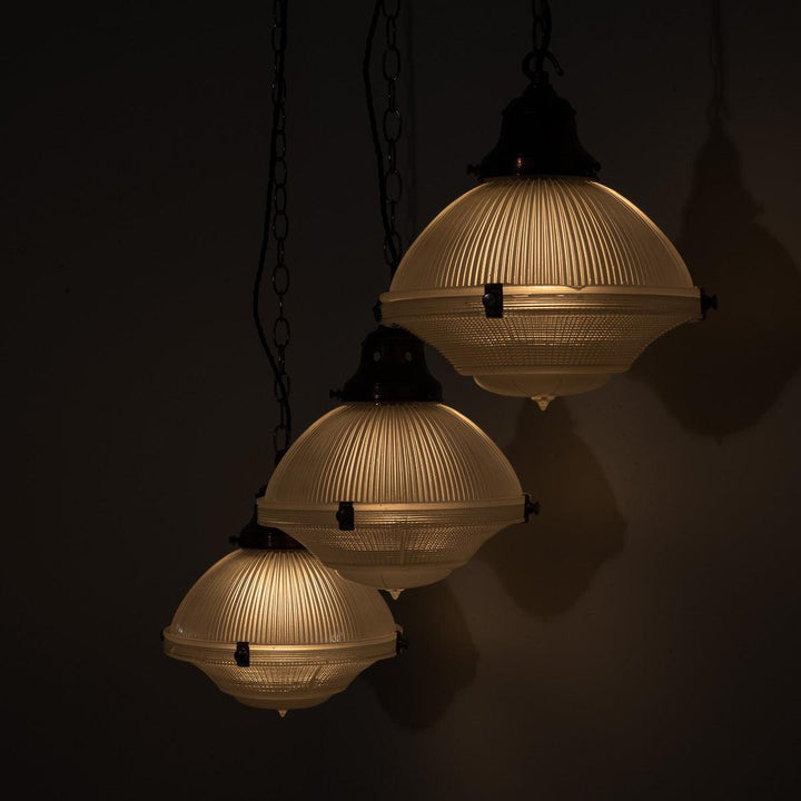 Trio of Vintage Holophane Three Part Pendant Lights with Coppered Fittings