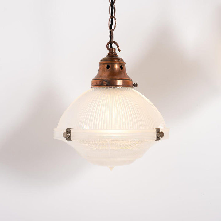 Trio of Vintage Holophane Three Part Pendant Lights with Coppered Fittings