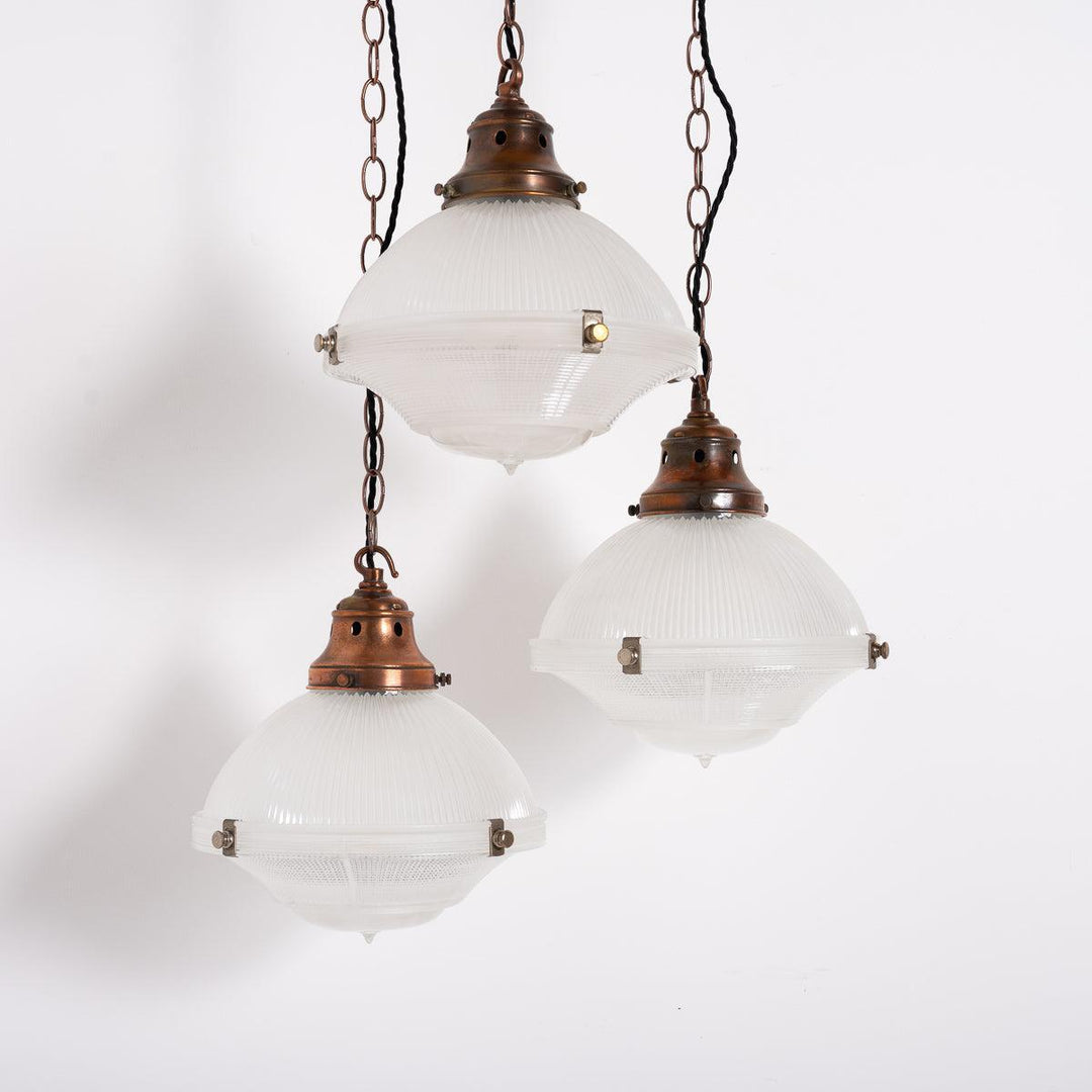 Trio of Vintage Holophane Three Part Pendant Lights with Coppered Fittings