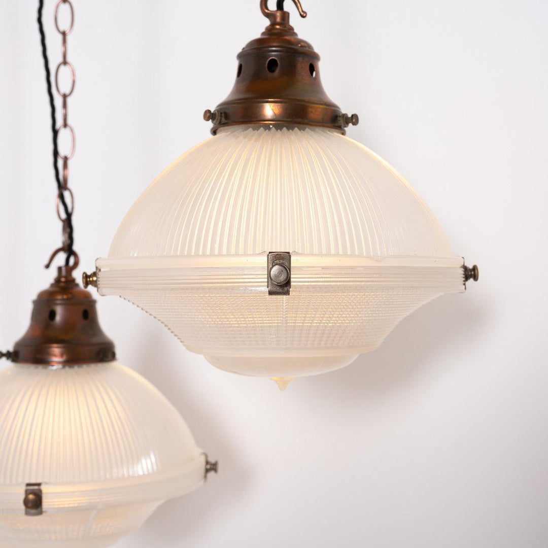 Trio of Vintage Holophane Three Part Pendant Lights with Coppered Fittings