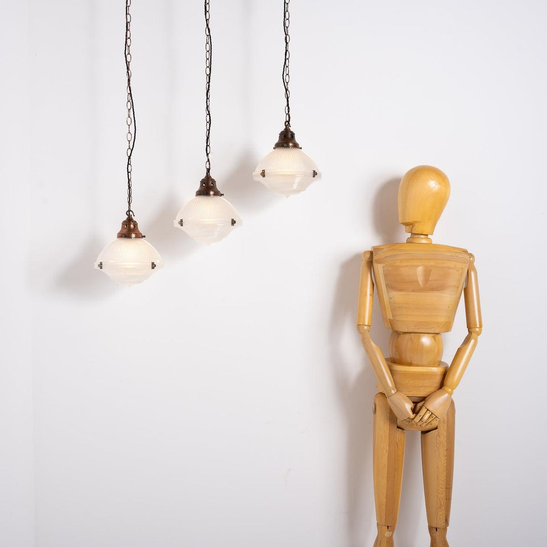 Trio of Vintage Holophane Three Part Pendant Lights with Coppered Fittings