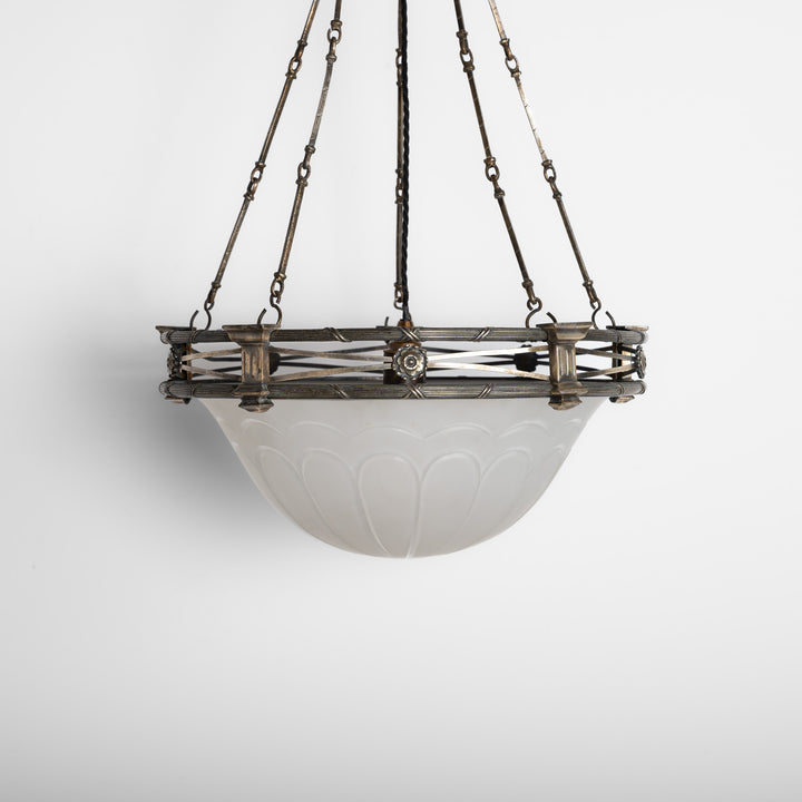 Exceptional F. & C. Osler Satin Cut Crystal Plafonnier with Faraday & Son Reeded Brass Gallery