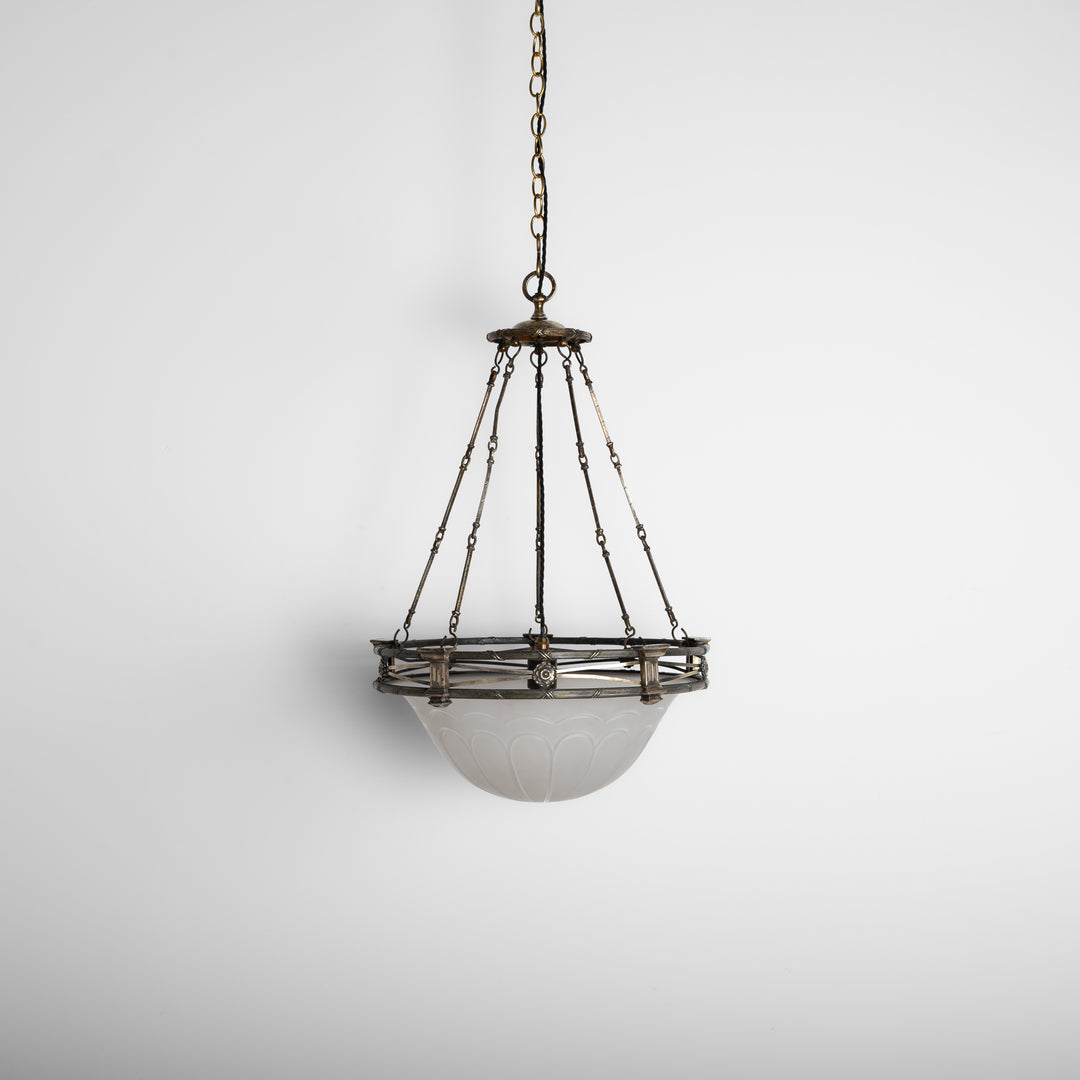Exceptional F. & C. Osler Satin Cut Crystal Plafonnier with Faraday & Son Reeded Brass Gallery